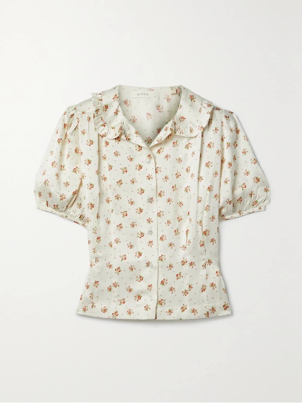 Doen Small Bel Ruffled Floral-print Silk-charmeuse Blouse In Cream
